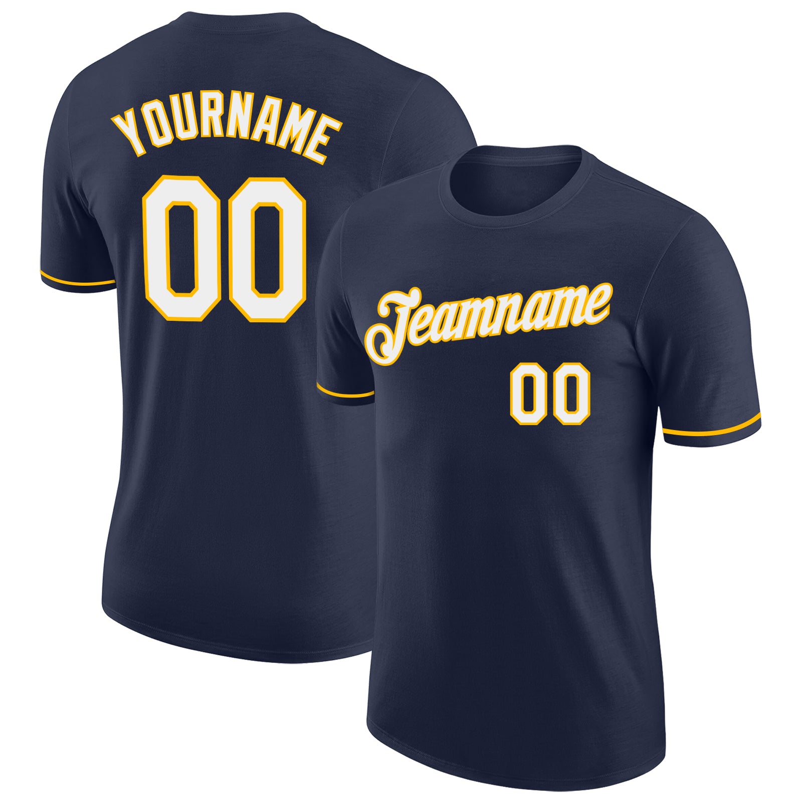 Custom Team Name and Number Performance T-Shirt in Navy and White-Gold - Personalized Sports Apparel Personalized Navy White-Gold