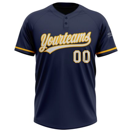 Custom Name and Number Unisex Softball Jersey - Personalized Navy and White-Gold Two-Button Design Personalized Navy White-Gold
