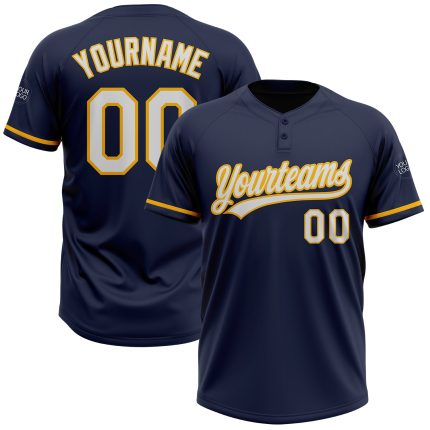 Custom Name and Number Unisex Softball Jersey - Personalized Navy and White-Gold Two-Button Design Personalized Navy White-Gold