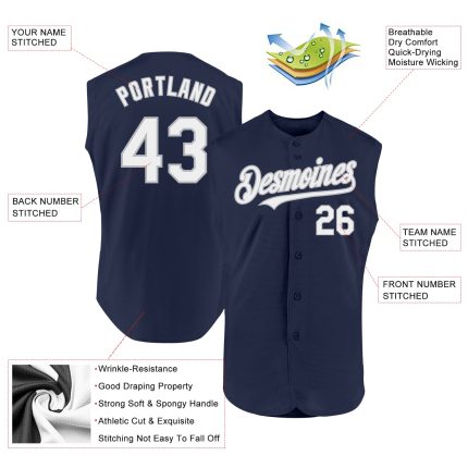 Custom Name Number Personalized Sleeveless Baseball Jersey - Navy White Gray Authentic Team Gear Personalized Navy White-Gray