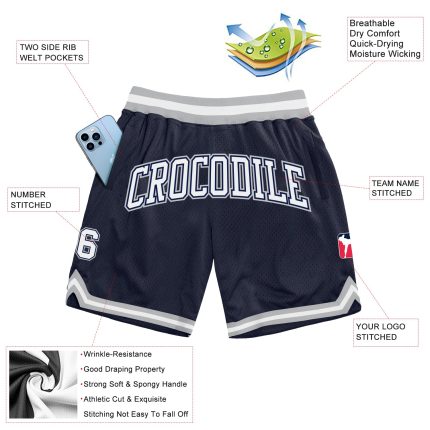 Custom Name and Number Personalized Basketball Shorts - Authentic Navy White-Gray Throwback Style Personalized Navy White-Gray
