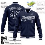 Personalized Navy White Gray Varsity Letterman Bomber Jacket - Full-Snap Design Personalized Navy White-Gray Bomber Full-Snap