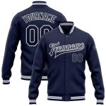 Personalized Navy White Gray Varsity Letterman Bomber Jacket - Full-Snap Design Personalized Navy White-Gray Bomber Full-Snap