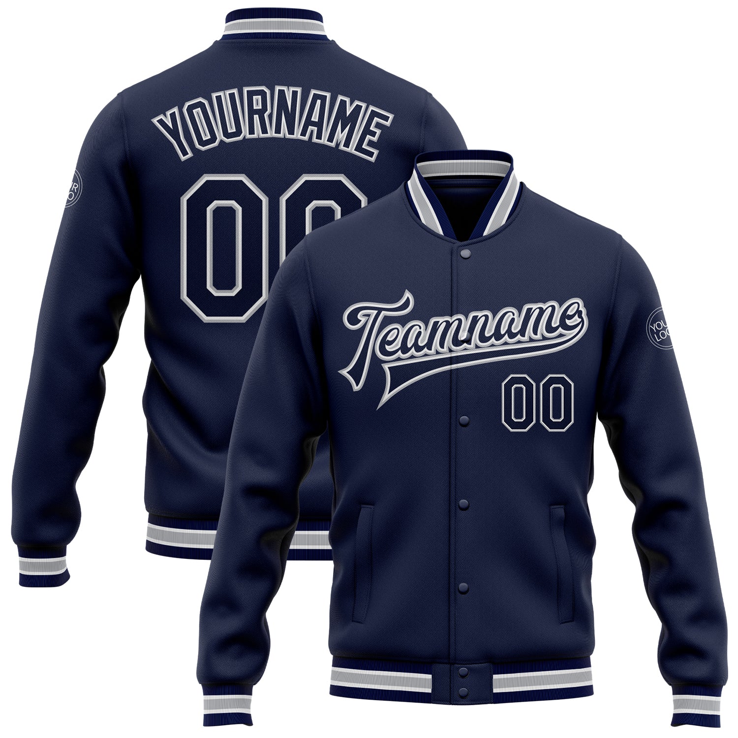 Personalized Navy White Gray Varsity Letterman Bomber Jacket - Full-Snap Design Personalized Navy White-Gray Bomber Full-Snap
