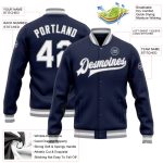 Custom Name Number Varsity Letterman Jacket - Personalized Navy White-Gray Bomber Full-Snap Style Personalized Navy White-Gray