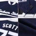 Custom Name Number Varsity Letterman Jacket - Personalized Navy White-Gray Bomber Full-Snap Style Personalized Navy White-Gray