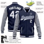 Personalized Two Tone Varsity Letterman Bomber Jacket Navy White-Gray Full-Snap Personalized Navy White-Gray Bomber Full-Snap
