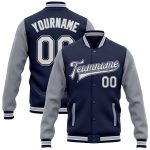 Personalized Two Tone Varsity Letterman Bomber Jacket Navy White-Gray Full-Snap Personalized Navy White-Gray Bomber Full-Snap