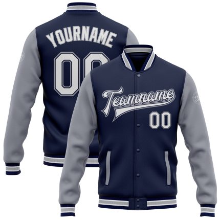 Personalized Two Tone Varsity Letterman Bomber Jacket Navy White-Gray Full-Snap Personalized Navy White-Gray Bomber Full-Snap