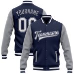 Custom Name Number Varsity Letterman Bomber Jacket Navy Gray White Two Tone Full-Snap Team Apparel Personalized Navy White-Gray