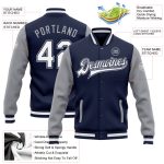 Custom Name Number Varsity Letterman Bomber Jacket Navy Gray White Two Tone Full-Snap Team Apparel Personalized Navy White-Gray