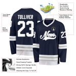 Custom Team Name and Number Hockey Jersey - Personalized Navy White-Gray Design Personalized Navy White-Gray Hockey Jersey