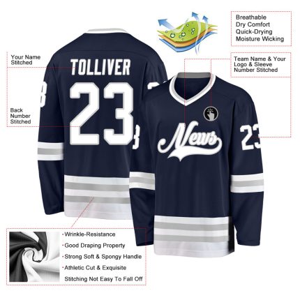 Custom Team Name and Number Hockey Jersey - Personalized Navy White-Gray Design Personalized Navy White-Gray Hockey Jersey
