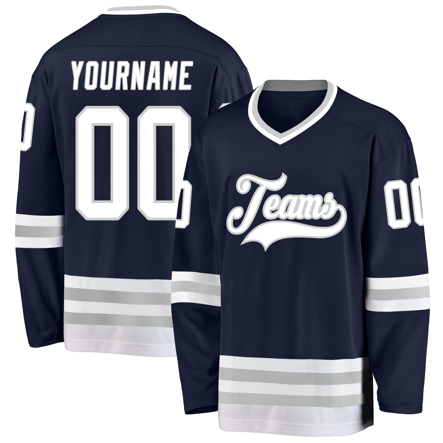 Custom Team Name and Number Hockey Jersey - Personalized Navy White-Gray Design Personalized Navy White-Gray Hockey Jersey