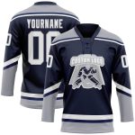 Custom Name and Number Hockey Jersey - Personalized Navy White Gray Lace Neck Team Apparel Personalized Navy White-Gray Hockey
