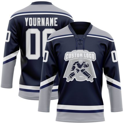 Custom Name and Number Hockey Jersey - Personalized Navy White Gray Lace Neck Team Apparel Personalized Navy White-Gray Hockey