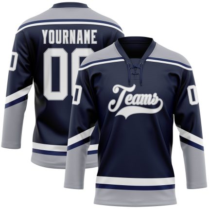 Custom Name and Number Hockey Jersey - Personalized Navy White Gray Lace Neck Team Apparel Personalized Navy White-Gray Hockey