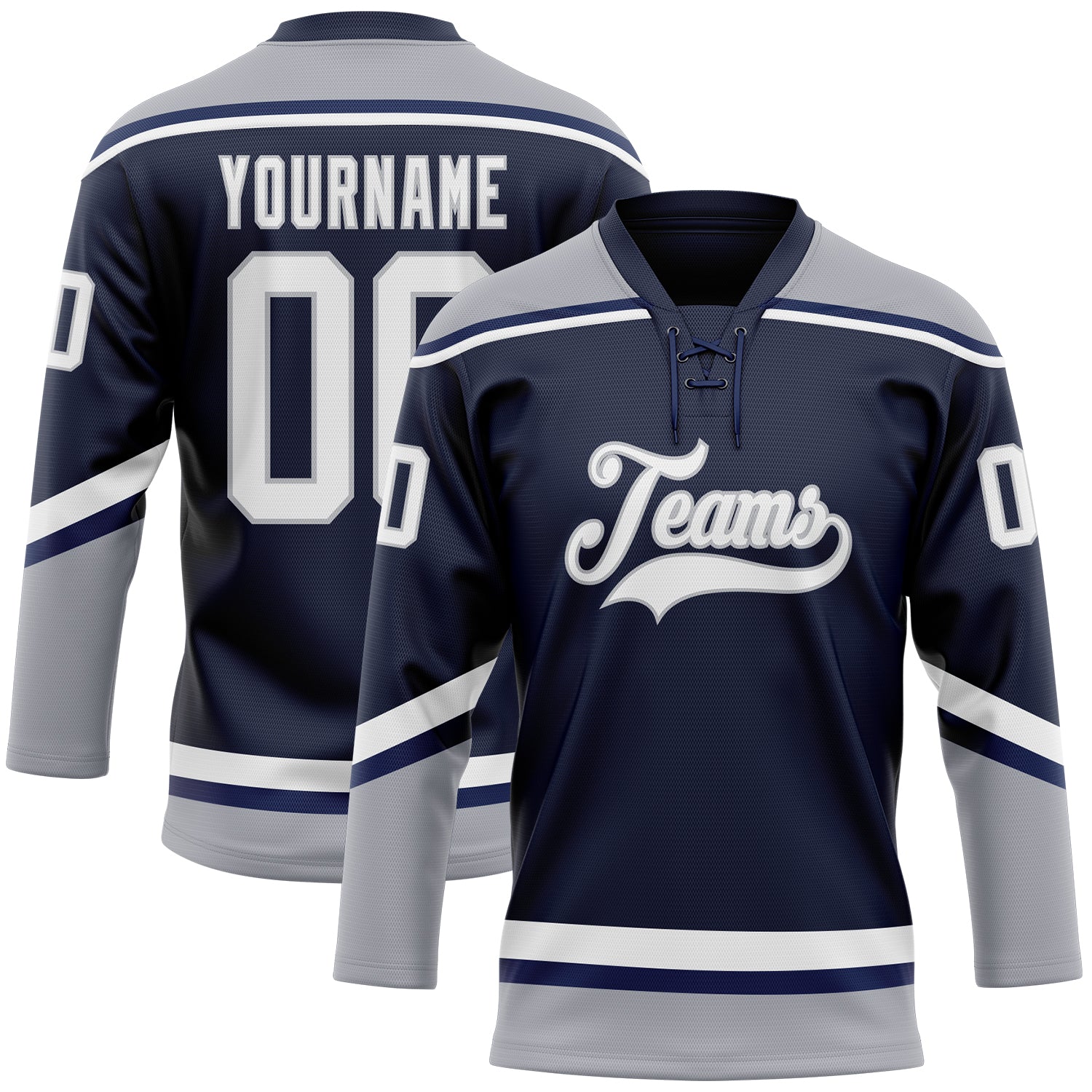 Custom Name and Number Hockey Jersey - Personalized Navy White Gray Lace Neck Team Apparel Personalized Navy White-Gray Hockey