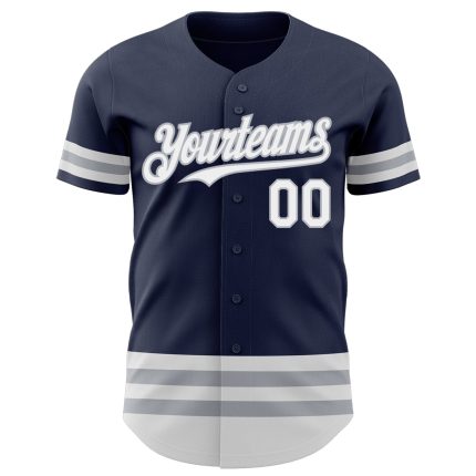 Custom Name and Number Authentic Baseball Jersey - Personalized Navy White Gray Line Team Apparel Personalized Navy White-Gray