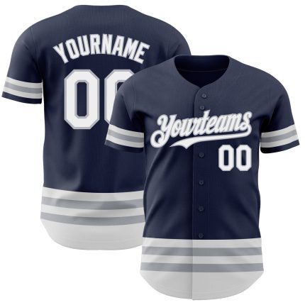 Custom Name and Number Authentic Baseball Jersey - Personalized Navy White Gray Line Team Apparel Personalized Navy White-Gray