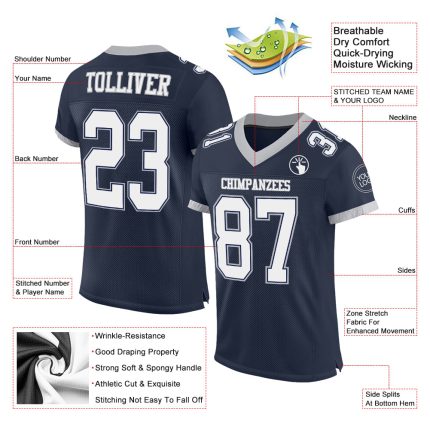 Personalized Authentic Football Jersey - Navy White Gray Mesh Design Personalized Navy White-Gray Mesh Authentic Football