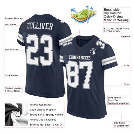Custom Name and Number Authentic Football Jersey - Personalized Navy Gray Mesh Team Jersey Personalized Navy White-Gray Mesh