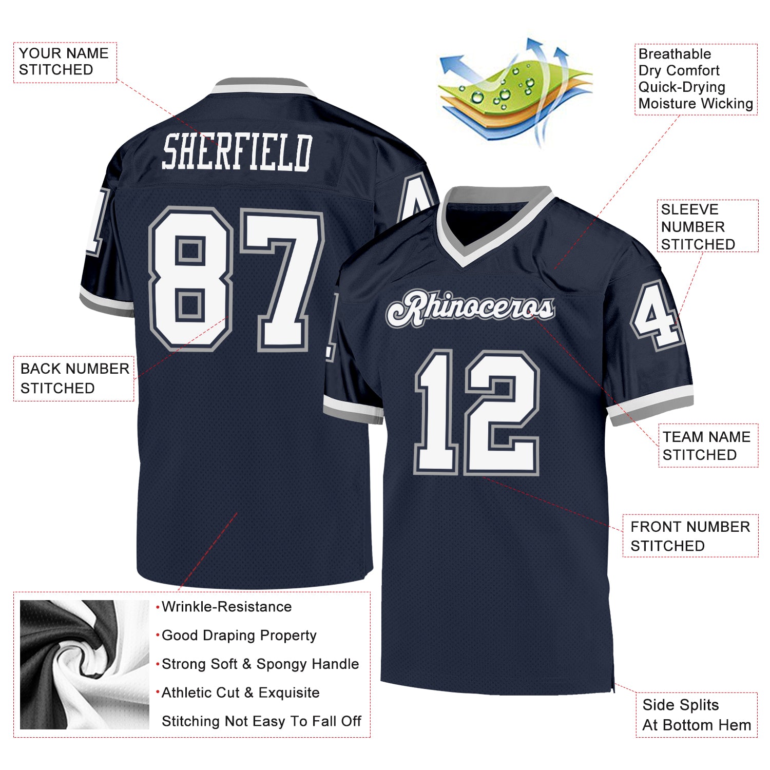 Personalized Navy White-Gray Mesh Authentic Throwback Football Jersey Team Custom Name and Number Custom Navy White-Gray Authentic Throwback Football Jersey with Personalized Name and Number Personalized Navy White-Gray - Image 4