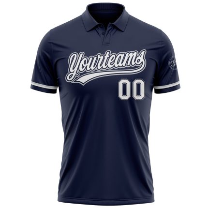 Custom Name and Number Navy Gray White Performance Golf Polo Shirt - Personalized Team Apparel Personalized Navy White-Gray