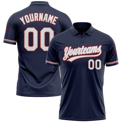 Custom Team Name Number Performance Vapor Golf Polo Shirt - Navy White Gray Red Personalized Navy White Gray-Red Performance