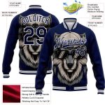 Custom Name Number Navy Gray White Wolf 3D Pattern Varsity Letterman Bomber Full-Snap Jacket Personalized Navy White-Gray