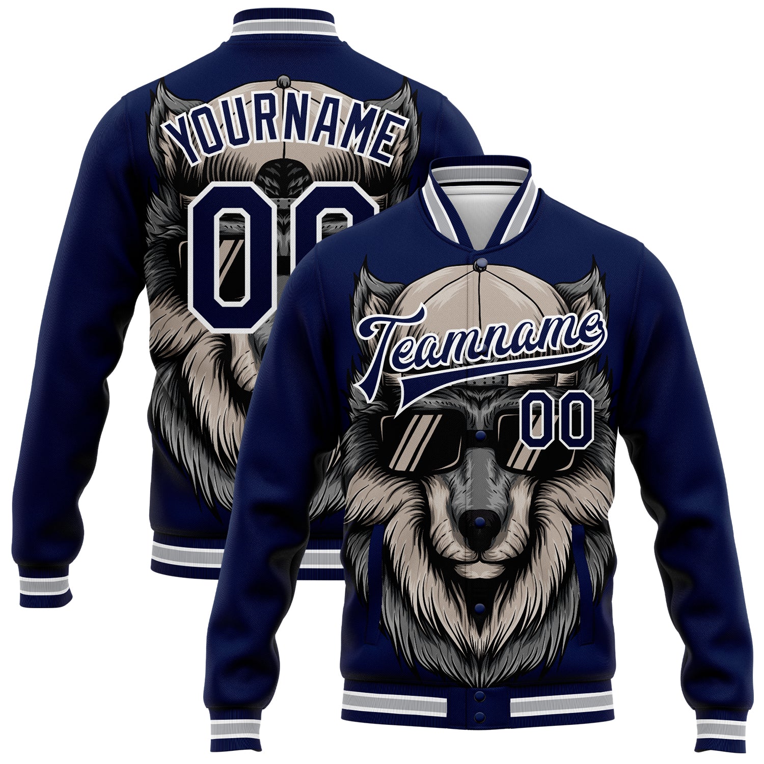 Custom Name Number Navy Gray White Wolf 3D Pattern Varsity Letterman Bomber Full-Snap Jacket Personalized Navy White-Gray