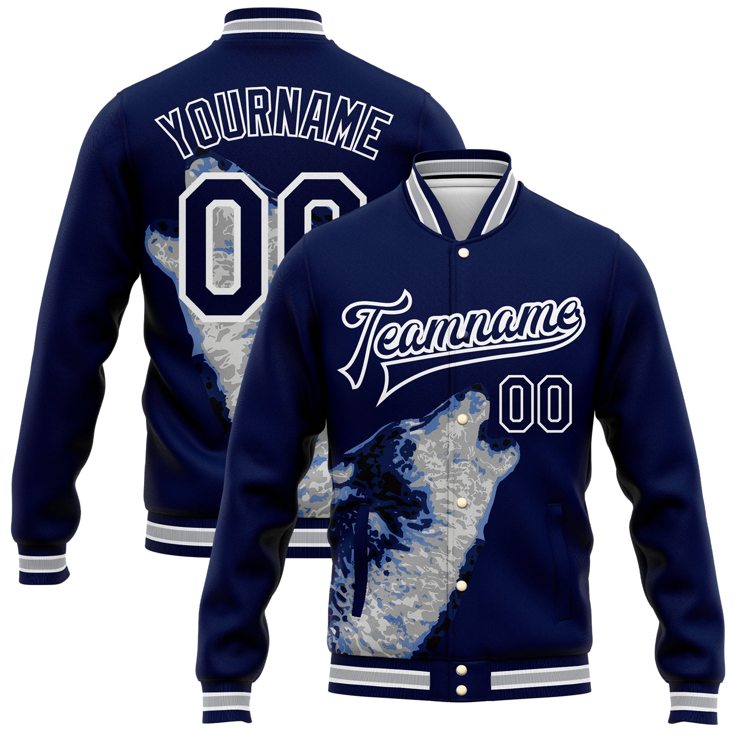 Custom Name & Number Navy Gray White 3D Wolf Howling Bomber Varsity Letterman Jacket Personalized Navy White-Gray Wolf Howling