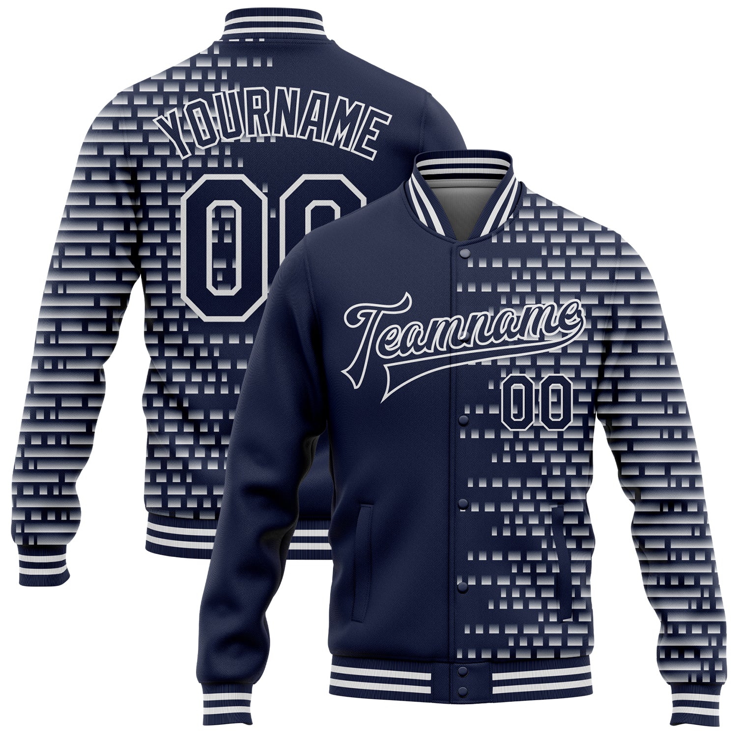 Custom Name and Number Navy White 3D Halftone Pattern Bomber Varsity Letterman Jacket Personalized Navy White Halftone 3D
