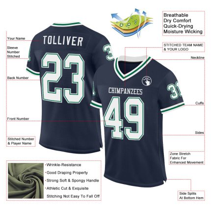 Custom Name Number Personalized Authentic Throwback Football Jersey Navy White Kelly Green Mesh Personalized Navy White-Kelly