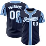 Custom Name & Number Authentic Baseball Jersey - Personalized Navy, White & Light Blue Arm Shapes Personalized Navy White-Light