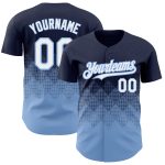 Personalized 3D Gradient Baseball Jersey with Custom Name and Number - Navy White Light Blue Square Pattern Design Personalized