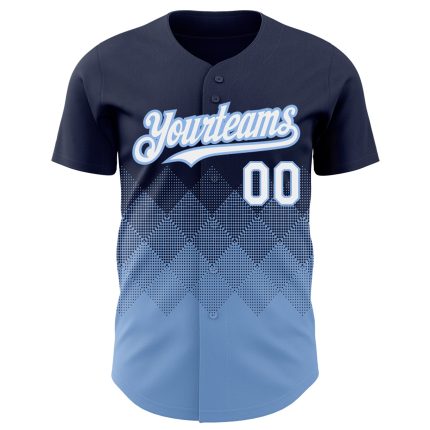 Personalized 3D Gradient Baseball Jersey with Custom Name and Number - Navy White Light Blue Square Pattern Design Personalized