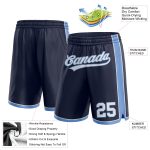 Custom Authentic Basketball Shorts with Personalized Name and Number - Navy White Light Blue Team Design Personalized Navy