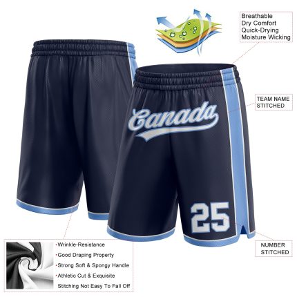 Custom Authentic Basketball Shorts with Personalized Name and Number - Navy White Light Blue Team Design Personalized Navy