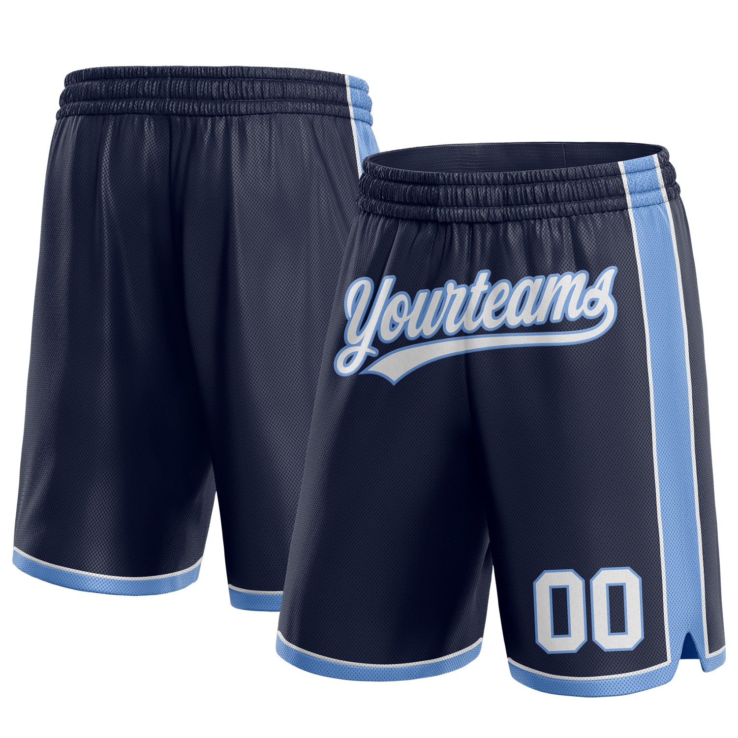 Custom Authentic Basketball Shorts with Personalized Name and Number - Navy White Light Blue Team Design Personalized Navy