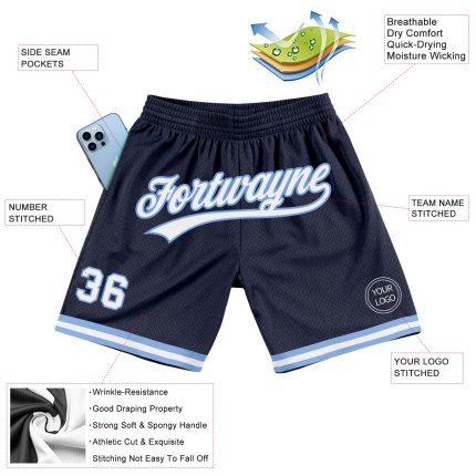Custom Name Number Authentic Throwback Basketball Shorts - Personalized Navy White Light Blue Team Apparel Personalized Navy