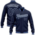 Personalized Navy and Light Blue Varsity Bomber Full-Snap Jacket for Men and Women Personalized Navy White-Light Blue Bomber