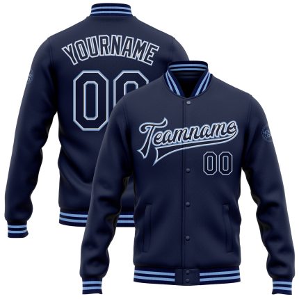 Personalized Navy and Light Blue Varsity Bomber Full-Snap Jacket for Men and Women Personalized Navy White-Light Blue Bomber