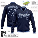 Personalized Navy and Light Blue Varsity Bomber Full-Snap Jacket for Men and Women Personalized Navy White-Light Blue Bomber