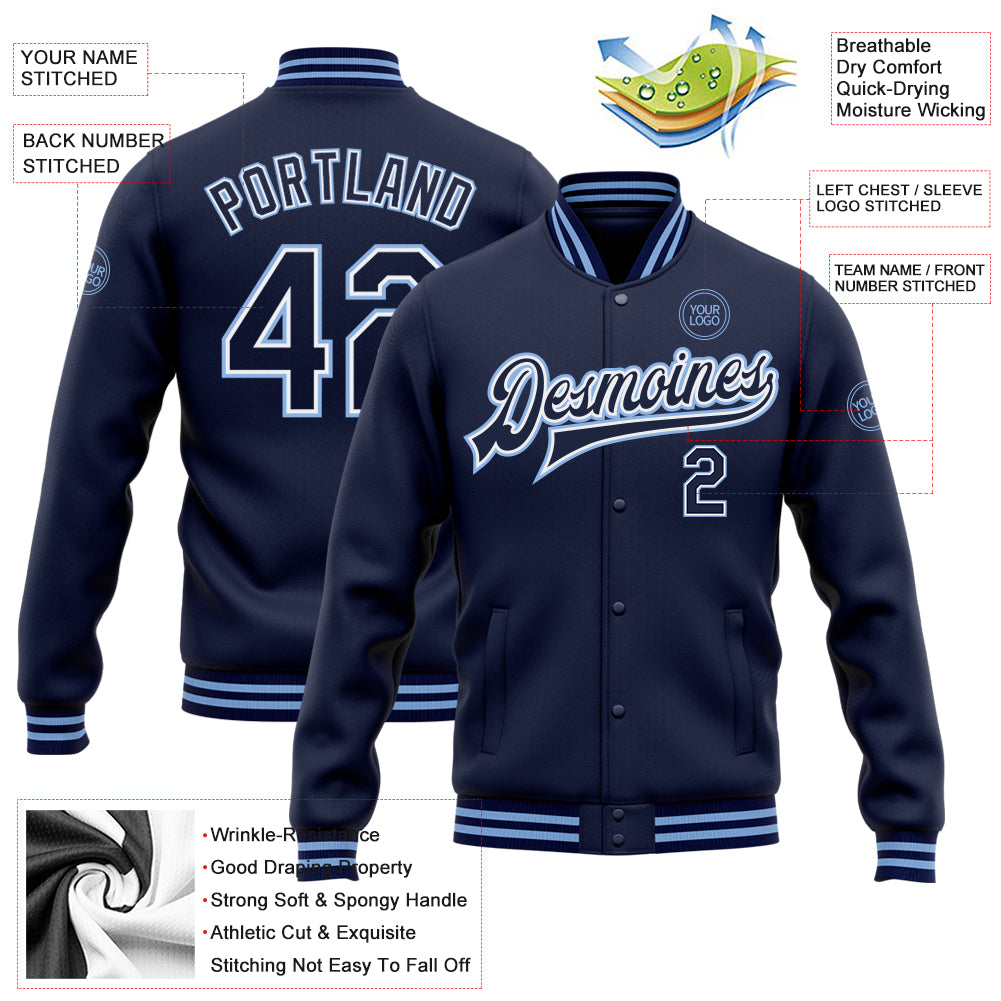 Personalized Navy White-Light Blue Bomber Full-Snap Varsity Letterman Jacket Personalized Navy and Light Blue Varsity Bomber Full-Snap Jacket for Men and Women Personalized Navy White-Light Blue Bomber - Image 3