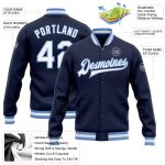 Custom Team Name Number Navy White Light Blue Bomber Varsity Letterman Jacket Personalized Full-Snap Personalized Navy White-Light