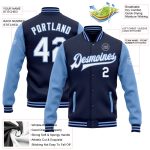 Custom Name and Number Navy White Light Blue Two Tone Varsity Letterman Bomber Jacket Full-Snap for Team Personalized Navy