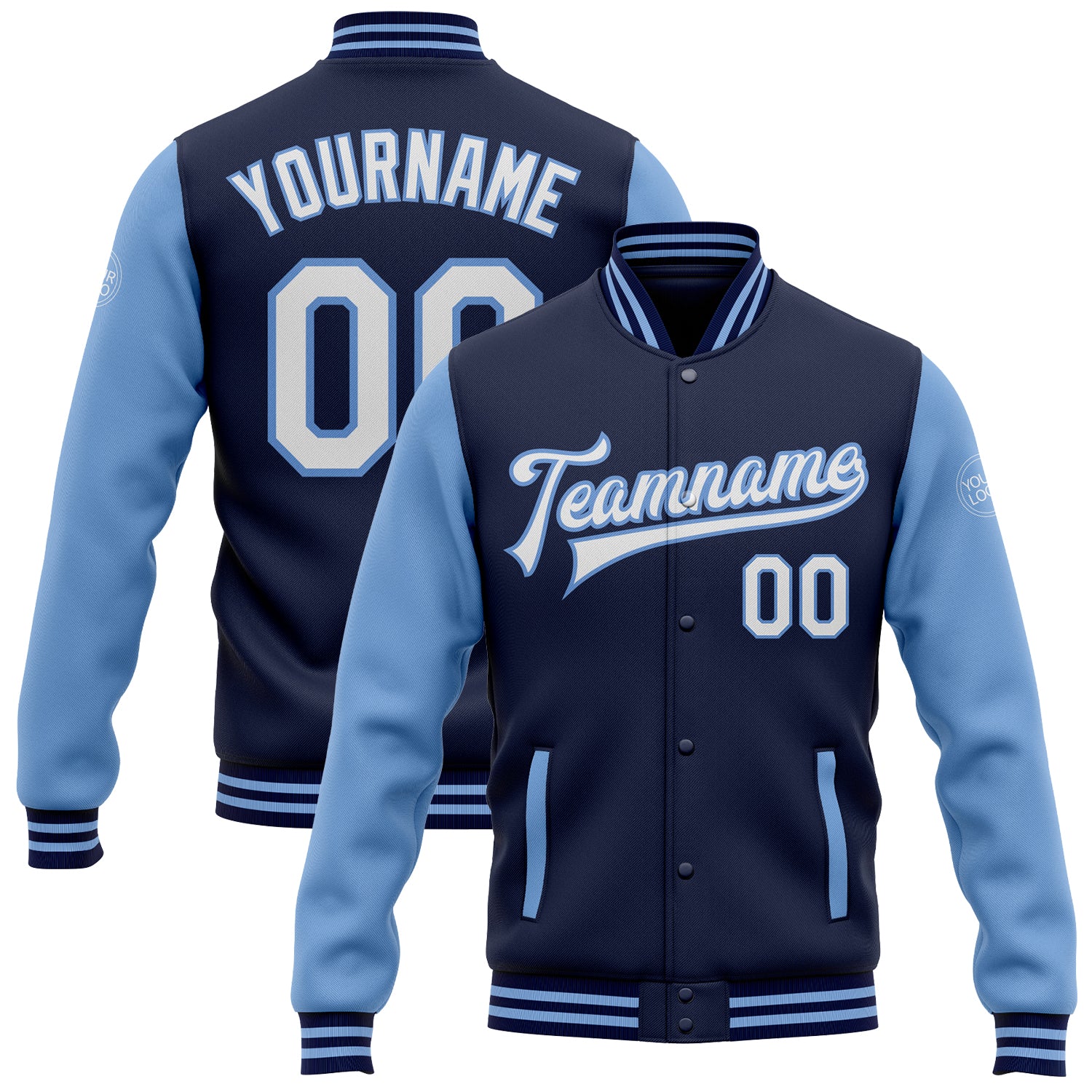 Custom Name and Number Navy White Light Blue Two Tone Varsity Letterman Bomber Jacket Full-Snap for Team Personalized Navy