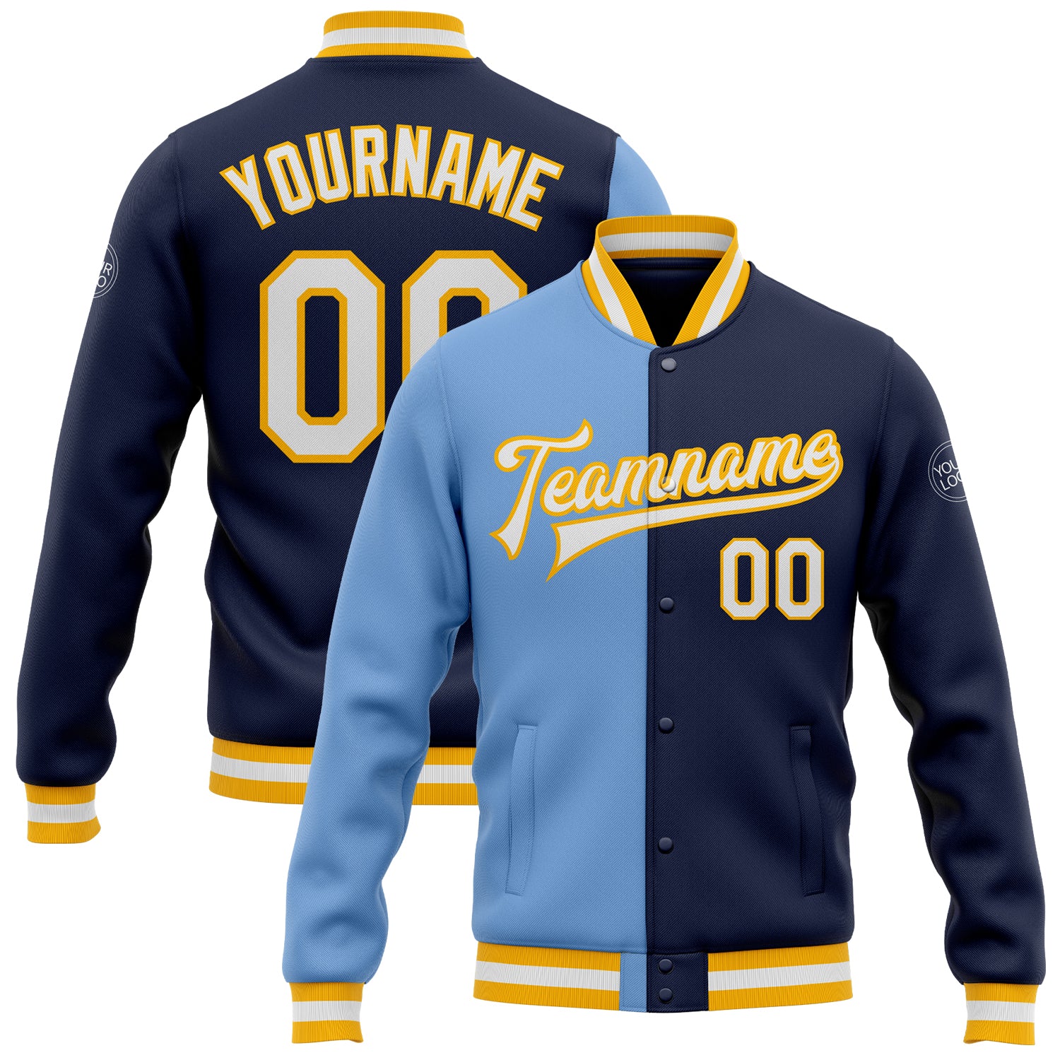 Custom Team Name Number Navy White Light Blue Gold Bomber Varsity Letterman Split Fashion Jacket Personalized Navy White