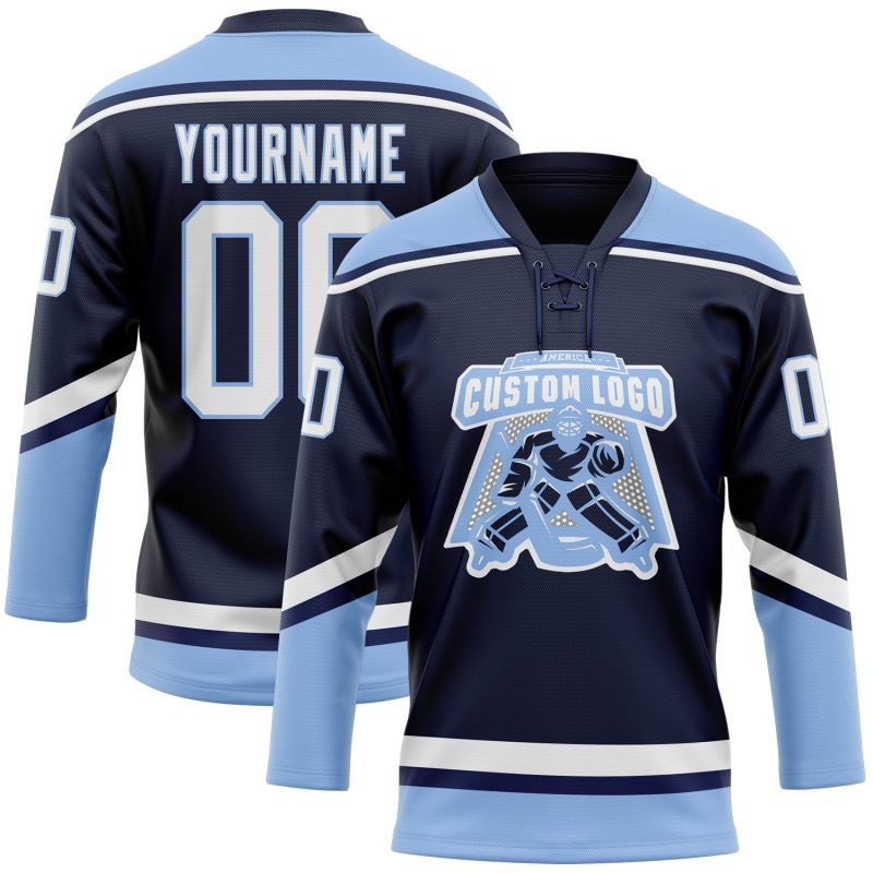 Custom Name and Number Hockey Jersey - Personalized Navy and Light Blue Lace Neck Team Apparel Personalized Navy White-Light